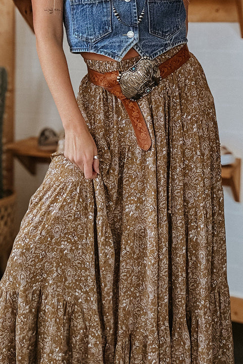 Western Floral Ruffle Hem High Waist Flowing Maxi Skirt